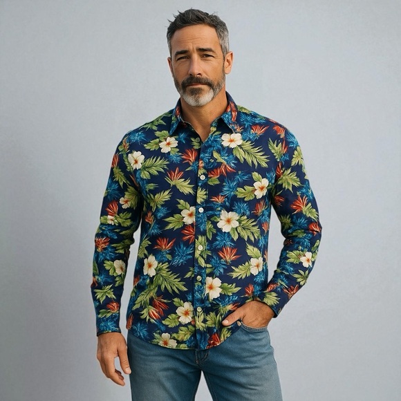 Tunevuse Blue Aloha Tropical Regular Fit Button Up Shirt Long Sleeve Men's Sz XL - Picture 1 of 14